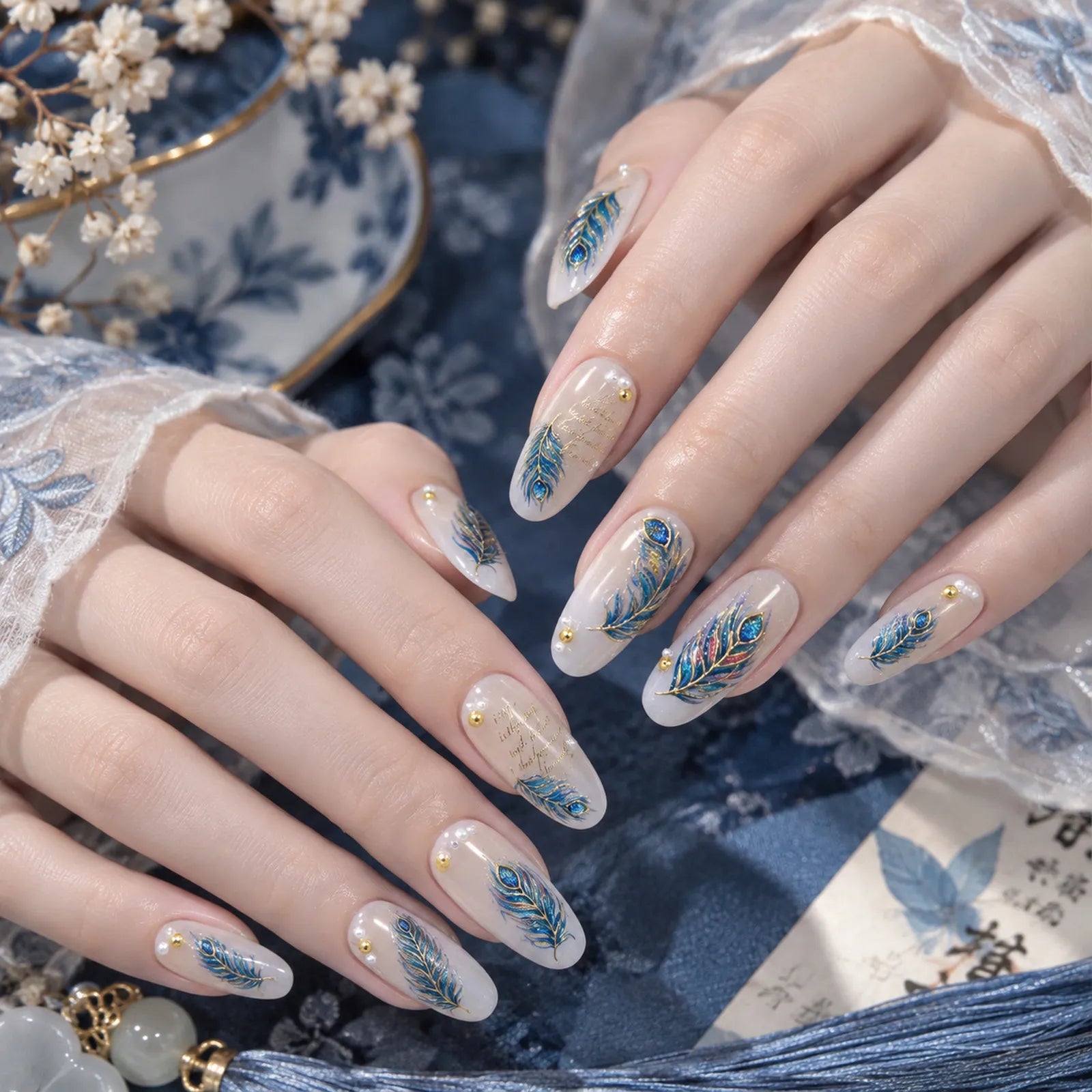 Blue Peacock Feather Nail Stickers - nail art product image 2