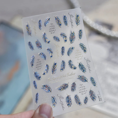 Blue Peacock Feather Nail Stickers | Metallic Elegant Nail Art Decals image