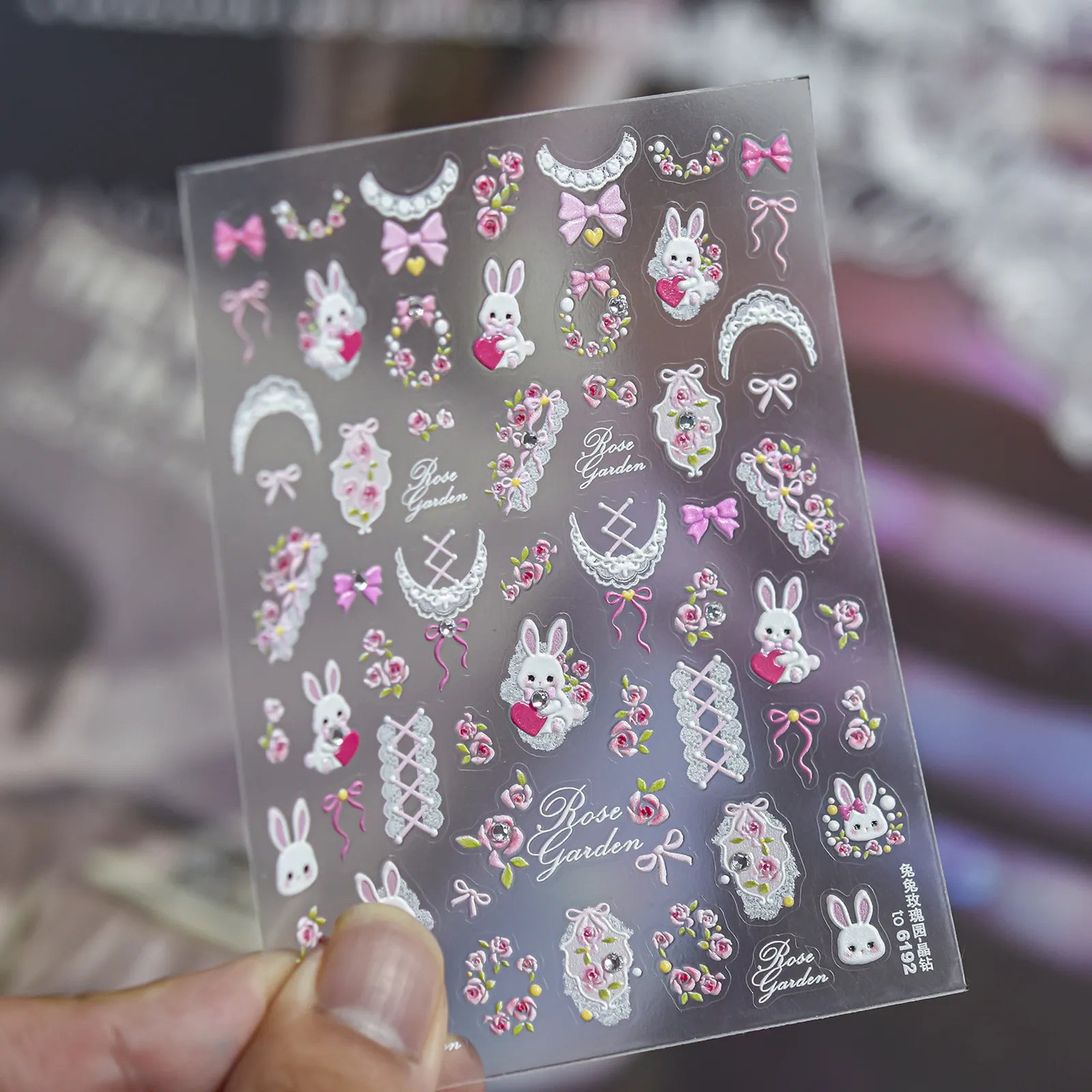 Bunny Rose Nail Stickers | Crystal Coquette Nail Art Decals image