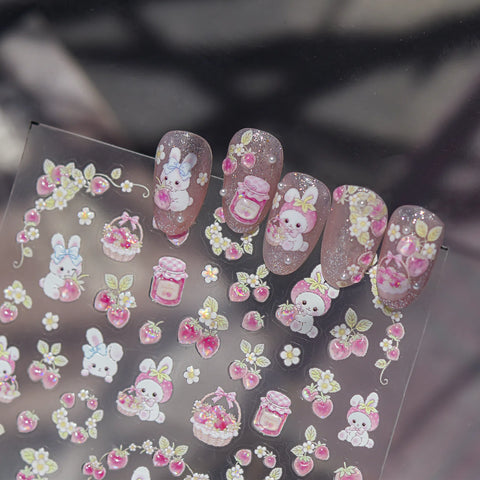 Bunny Strawberry Nail Stickers | Kawaii Fruit Nail Art Decals - image 1