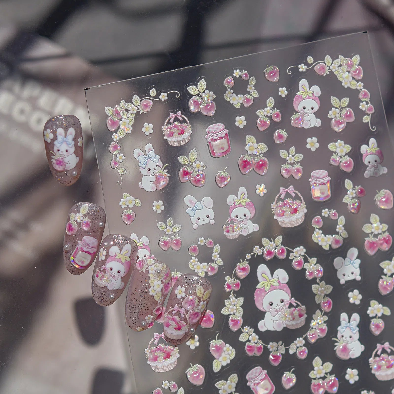 Bunny Strawberry Nail Stickers | Kawaii Fruit Nail Art Decals - image 3