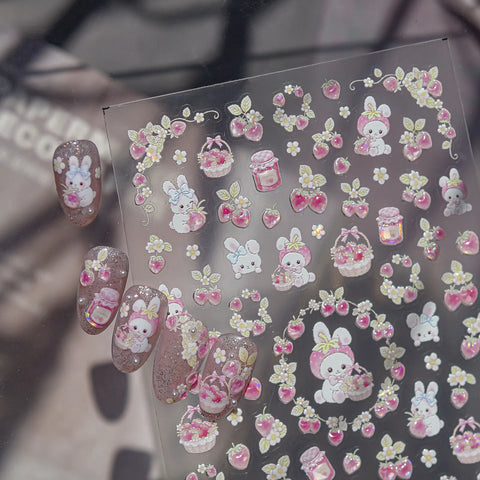 Bunny Strawberry Nail Stickers | Kawaii Fruit Nail Art Decals - image 3