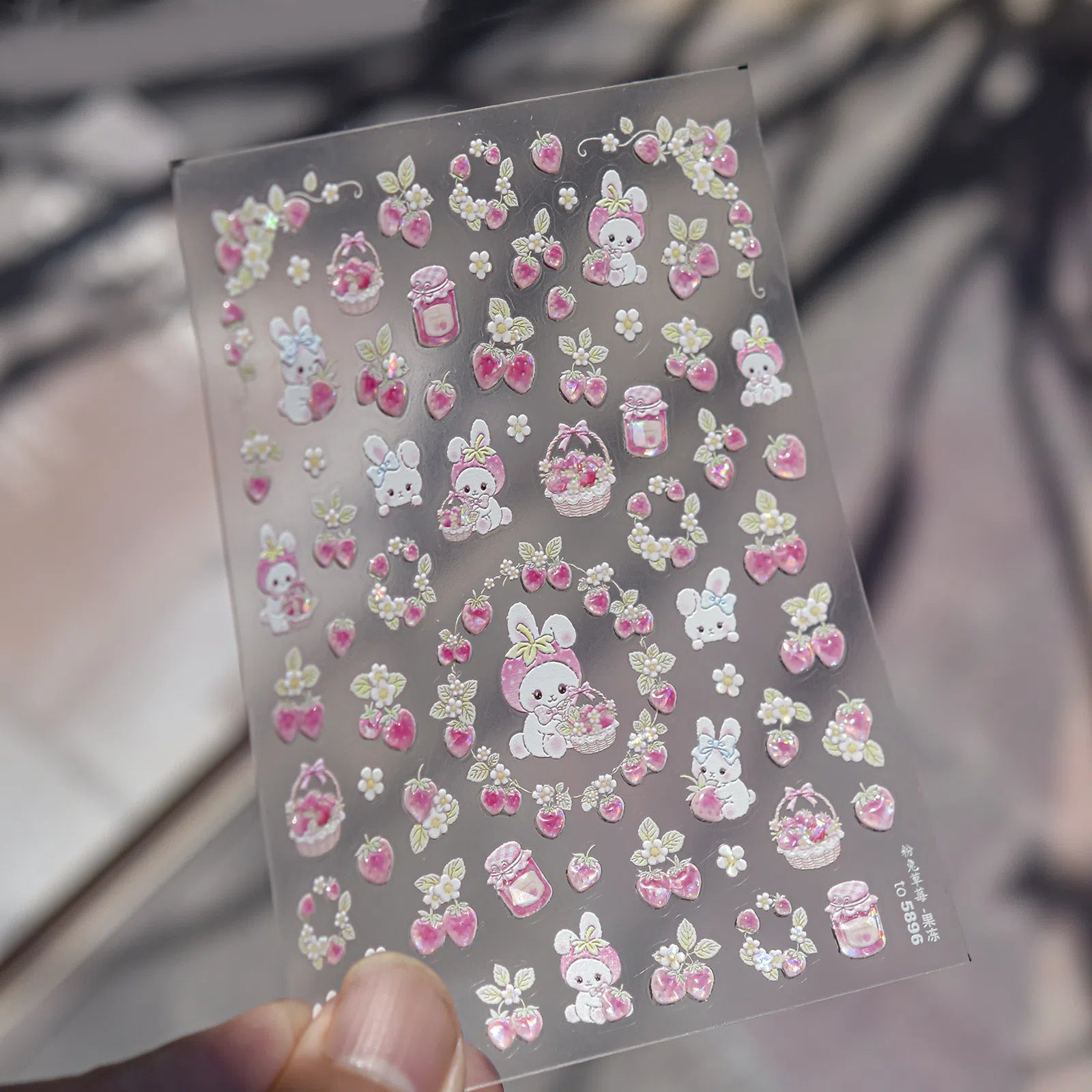 Bunny Strawberry Nail Stickers | Kawaii Fruit Nail Art Decals - to5896 variant image