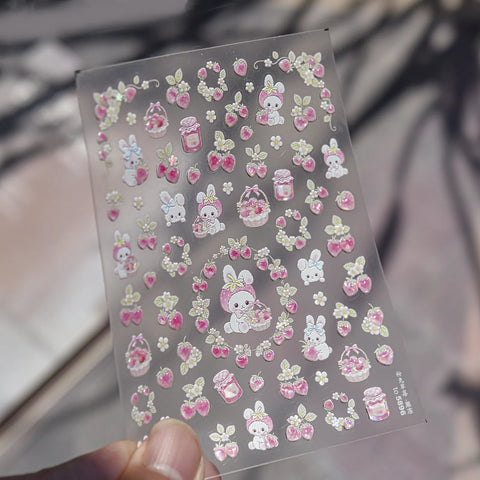 Bunny Strawberry Nail Stickers | Kawaii Fruit Nail Art Decals - to5896 variant image