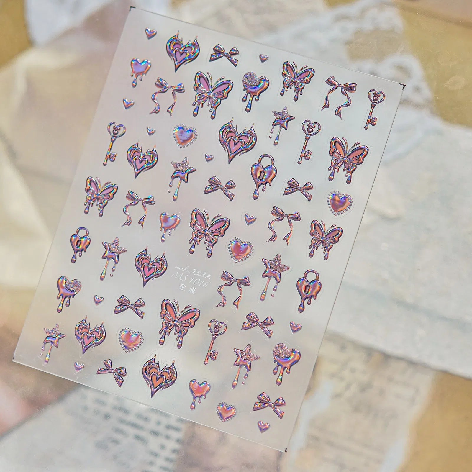 MS1016-laser-pink Butterfly Heart Nail Stickers variant image - Tomoni Nail Art