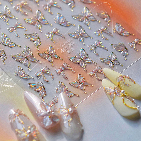Butterfly Nail Stickers, Aesthetic Butterfly Nail Decal, Gold Butterfly Nails, Butterfly And Bowknot Nail Stickers, Butterfly Manicure