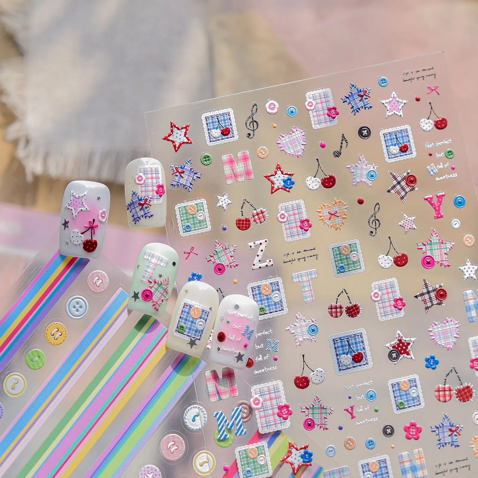 Button Stripe Nail Stickers | Kawaii Patchwork Nail Art Decals - image 1