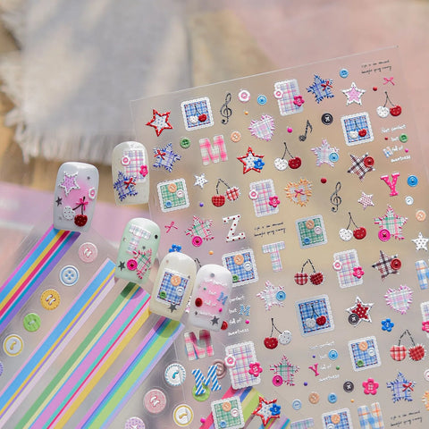 Button Stripe Nail Stickers | Kawaii Patchwork Nail Art Decals - image 1
