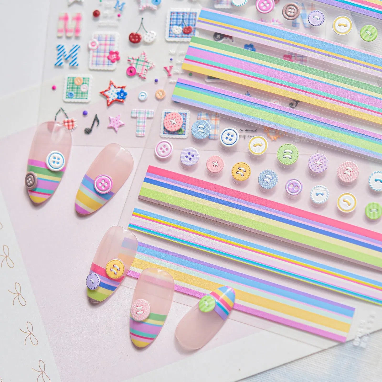 Button Stripe Nail Stickers | Kawaii Patchwork Nail Art Decals - image 2
