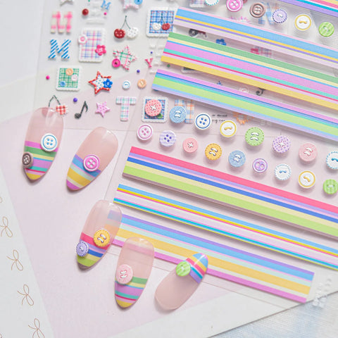 Button Stripe Nail Stickers | Kawaii Patchwork Nail Art Decals - image 2