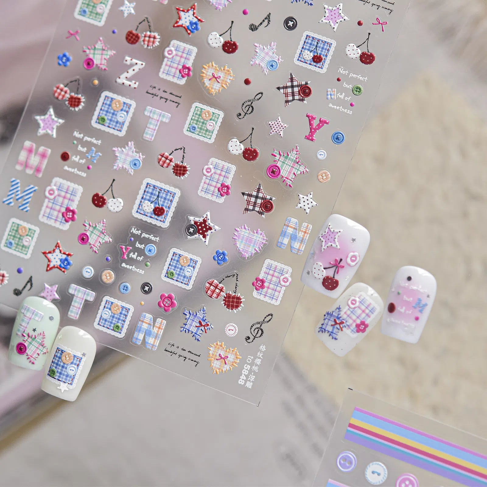 Button Stripe Nail Stickers | Kawaii Patchwork Nail Art Decals - image 3