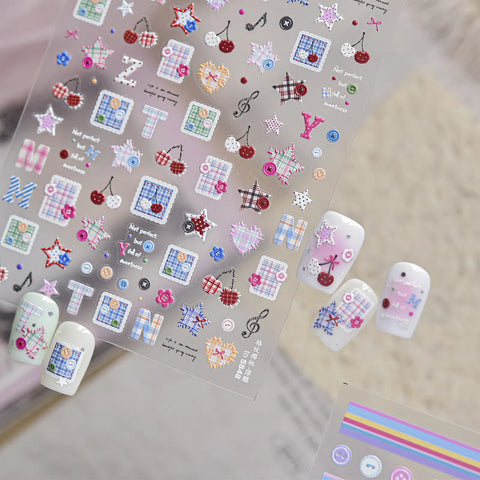 Button Stripe Nail Stickers | Kawaii Patchwork Nail Art Decals - image 3