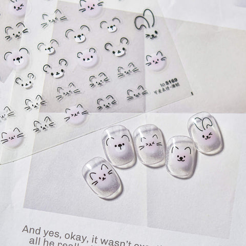 Cute Cat Face Nail Stickers, Cute Animal Nail Stickers, Cat Nail Decals, Rabbit Face Nail Stickers, Cute Nail Art, to5169