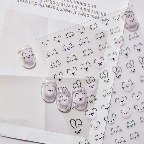 Cute Cat Face Nail Stickers, Cute Animal Nail Stickers, Cat Nail Decals, Rabbit Face Nail Stickers, Cute Nail Art, to5169
