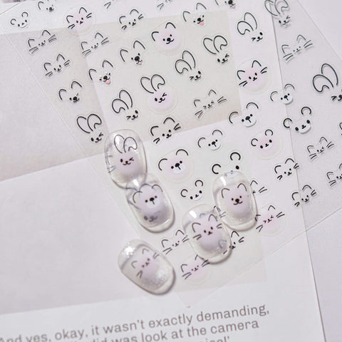Cute Cat Face Nail Stickers, Cute Animal Nail Stickers, Cat Nail Decals, Rabbit Face Nail Stickers, Cute Nail Art, to5169