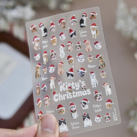 Christmas Cat Nail Stickers | Embossed Kawaii Holiday Nail Art Decals image