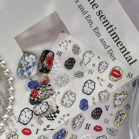 Warped Clock Nail Stickers, Clock Nail Decals, Gold And Silver Nail Stickers, to5208