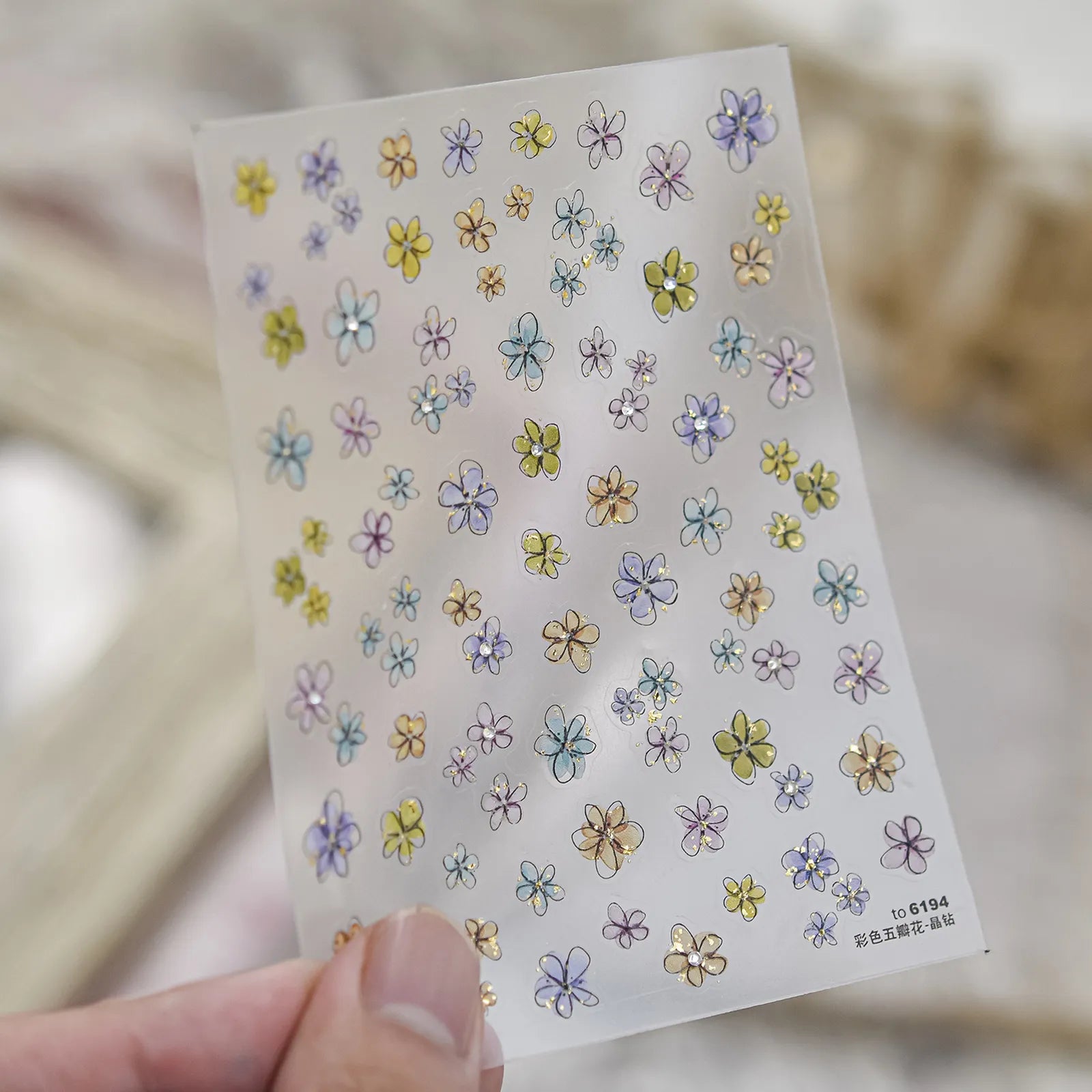 Colorful Five-Petal Flower Nail Stickers | Crystal Floral Nail Art Decals image