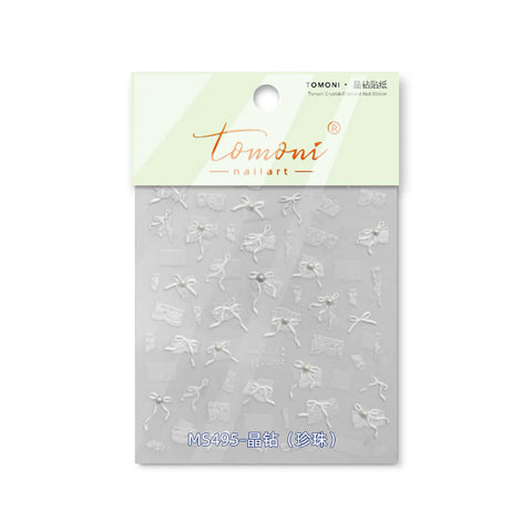 Crystal Lace Bow Nail Stickers | Bridal Coquette Nail Art Decals - MS495-pearl-crystal variant image