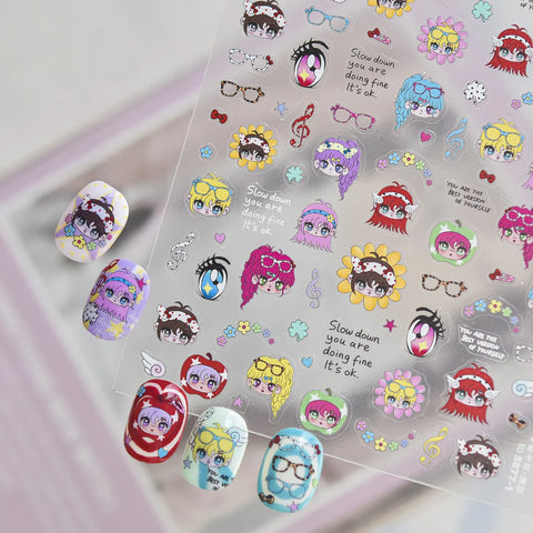 Cute Anime Eye Girl Nail Stickers | Kawaii Character Nail Art Decals - image 1