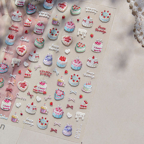 Cute Cake And Donut Nail Stickers, Cute Nail Decals, Cake Nail Art Stickers, Birthday Nail Design, Embossed Nail Stickers