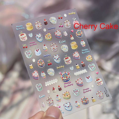 Cute Cake And Donut Nail Stickers, Cute Nail Decals, Cake Nail Art Stickers, Birthday Nail Design, Embossed Nail Stickers