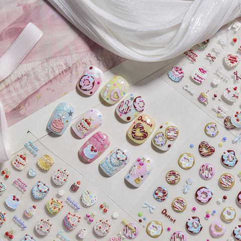 Cute Cake And Donut Nail Stickers, Cute Nail Decals, Cake Nail Art Stickers, Birthday Nail Design, Embossed Nail Stickers