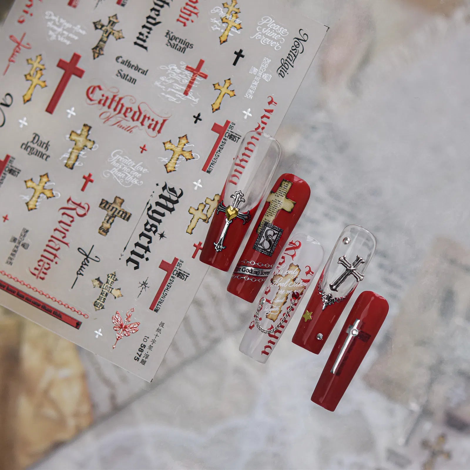 Dark Newspaper Cross Nail Stickers | Y2K Grunge Nail Art Decals - image 1