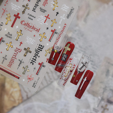 Dark Newspaper Cross Nail Stickers | Y2K Grunge Nail Art Decals - image 1