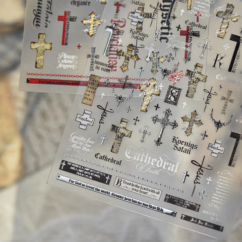 Dark Newspaper Cross Nail Stickers | Y2K Grunge Nail Art Decals - image 4