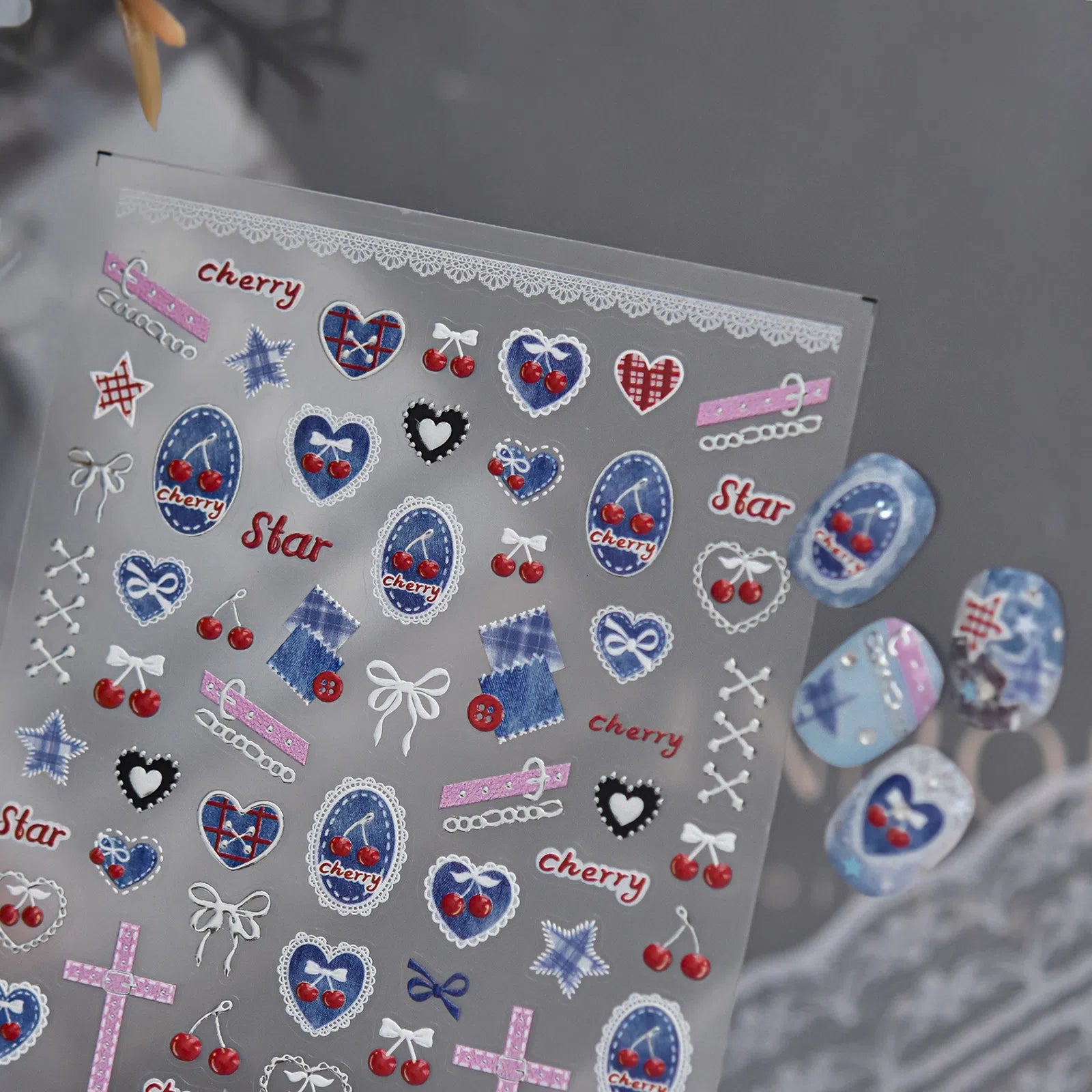 Denim Lace Nail Stickers | Balletcore Nail Art Decals - image 4