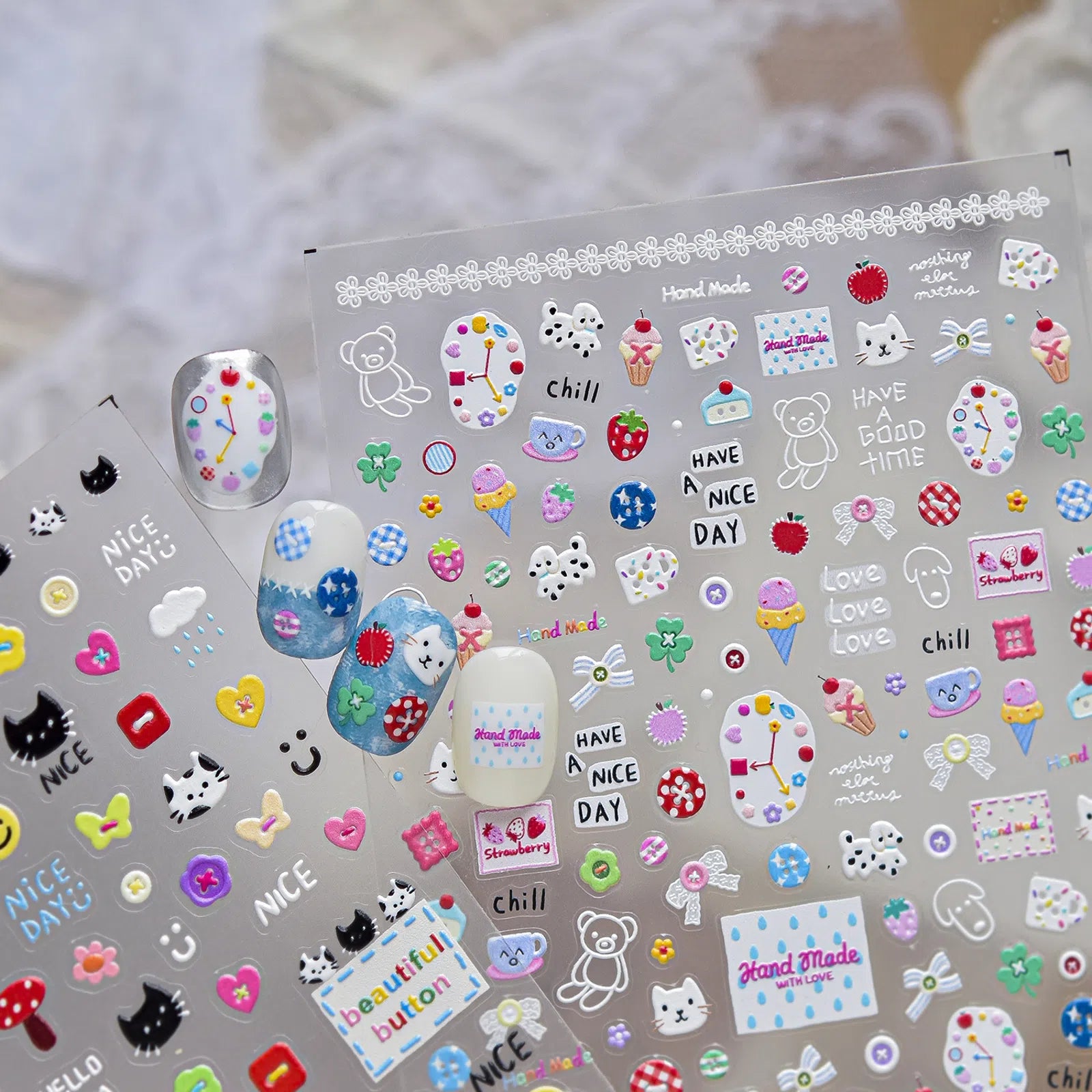 Doodle Button Bear Nail Stickers | Korean Kawaii Nail Art Decals - image 1