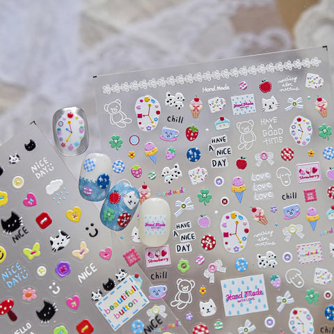 Doodle Button Bear Nail Stickers | Korean Kawaii Nail Art Decals - image 1