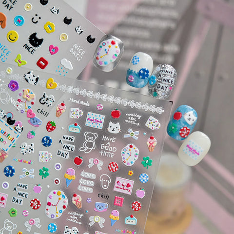 Doodle Button Bear Nail Stickers | Korean Kawaii Nail Art Decals - image 2