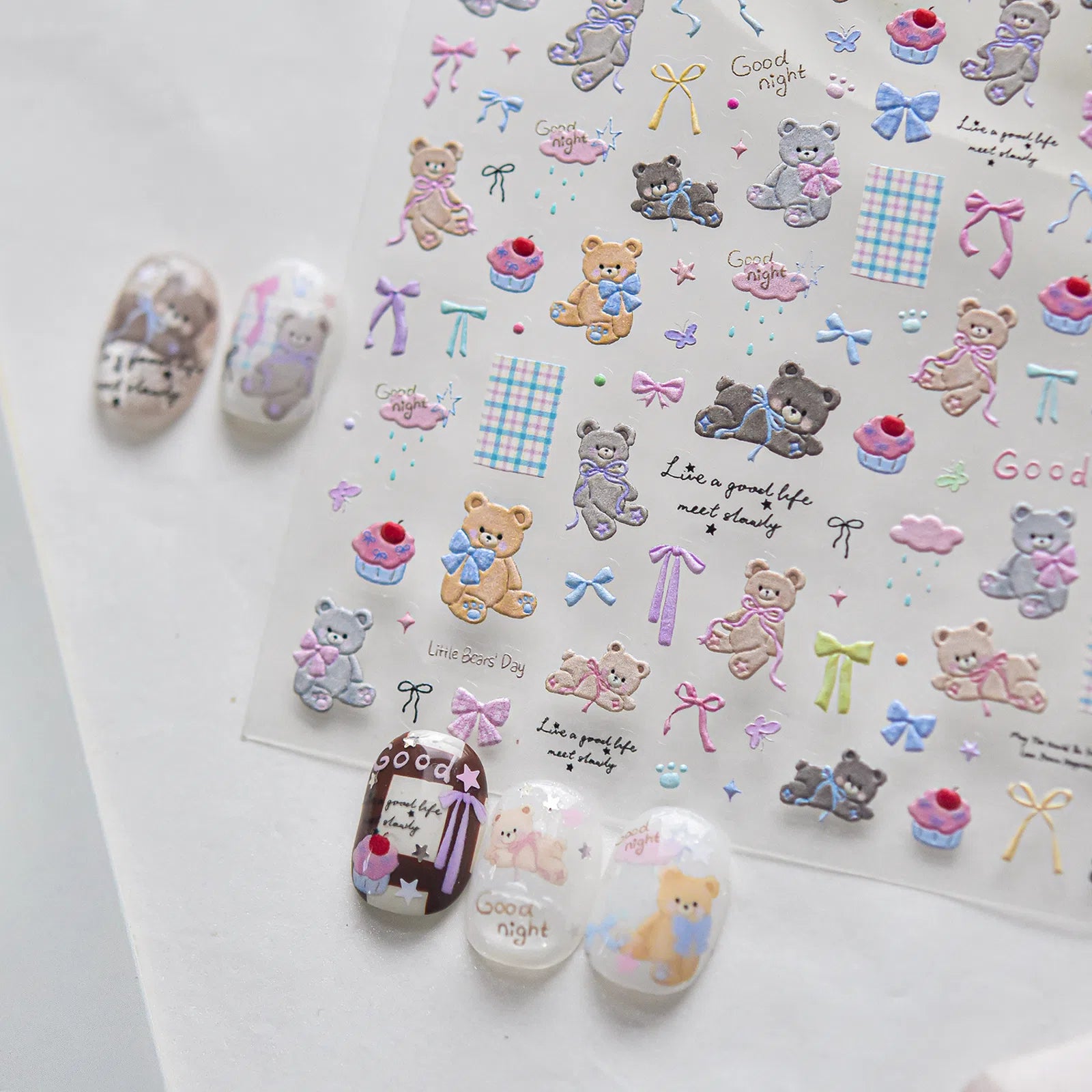Embossed Bow Bear Nail Stickers | Kawaii Nail Art Decals - image 1
