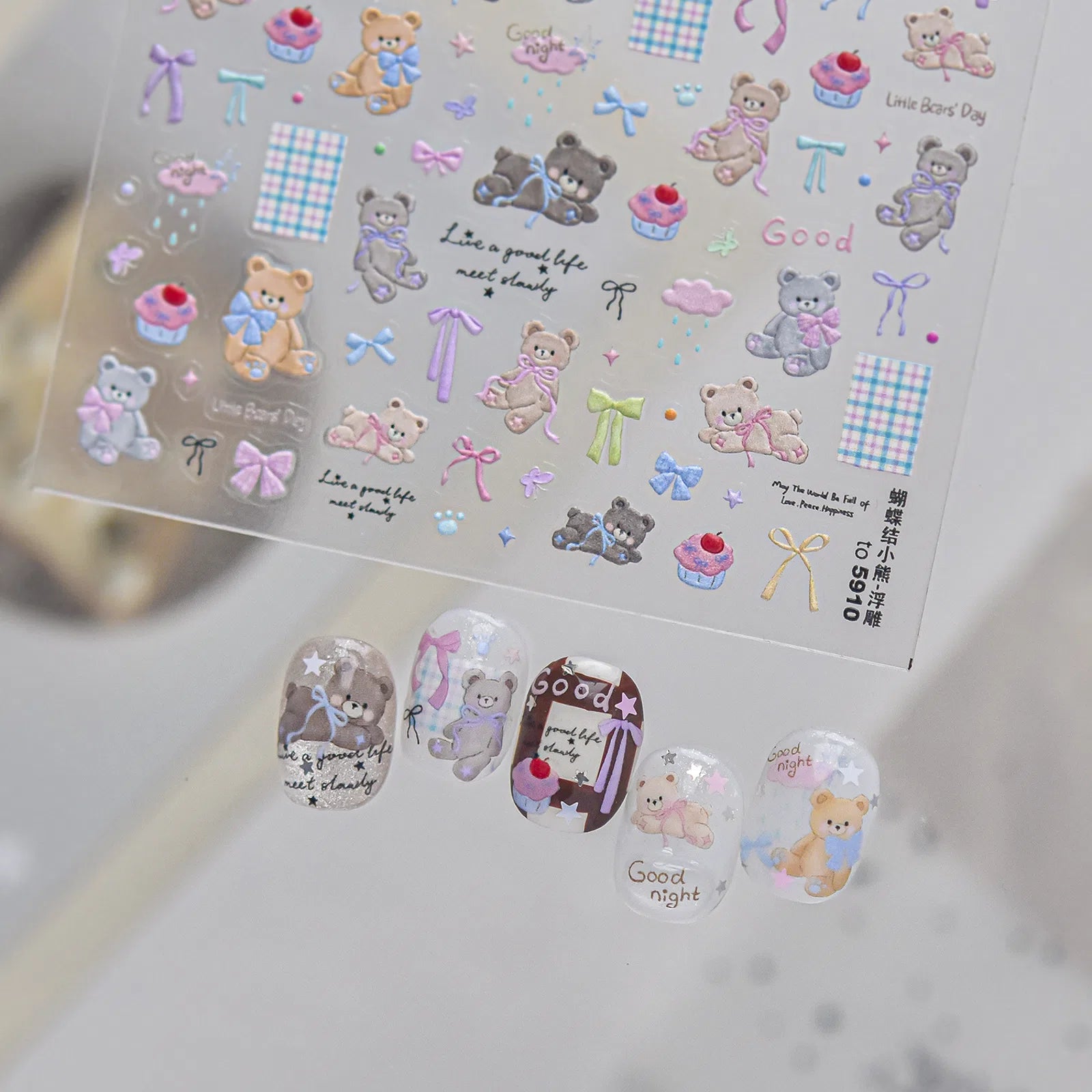 Embossed Bow Bear Nail Stickers | Kawaii Nail Art Decals - image 2