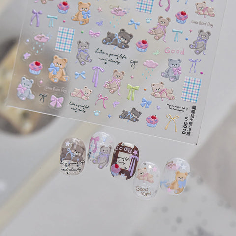 Embossed Bow Bear Nail Stickers | Kawaii Nail Art Decals - image 2