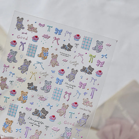 Embossed Bow Bear Nail Stickers | Kawaii Nail Art Decals - image 3