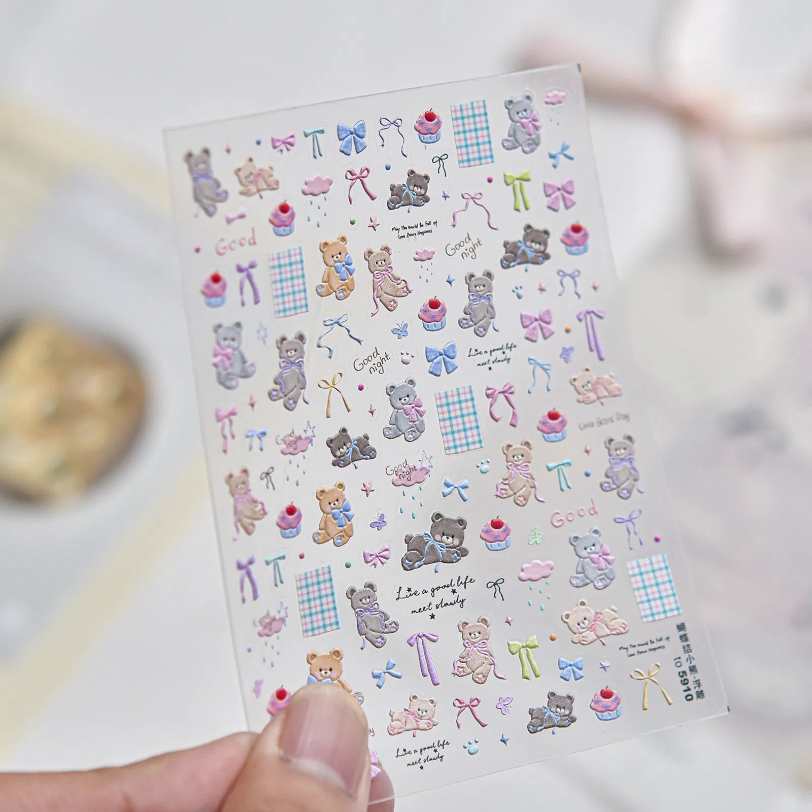 Embossed Bow Bear Nail Stickers | Kawaii Nail Art Decals - to5910-embossed variant image