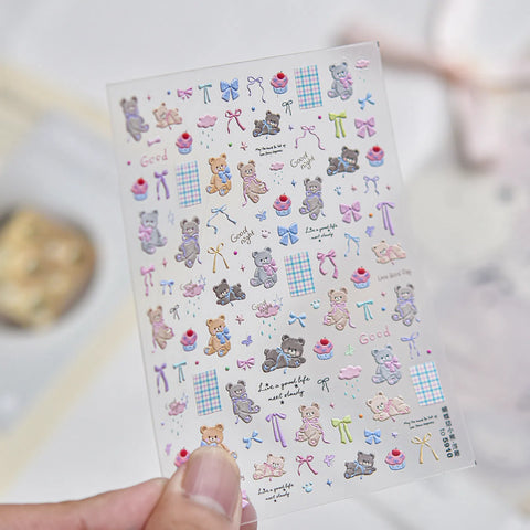 Embossed Bow Bear Nail Stickers | Kawaii Nail Art Decals - to5910-embossed variant image