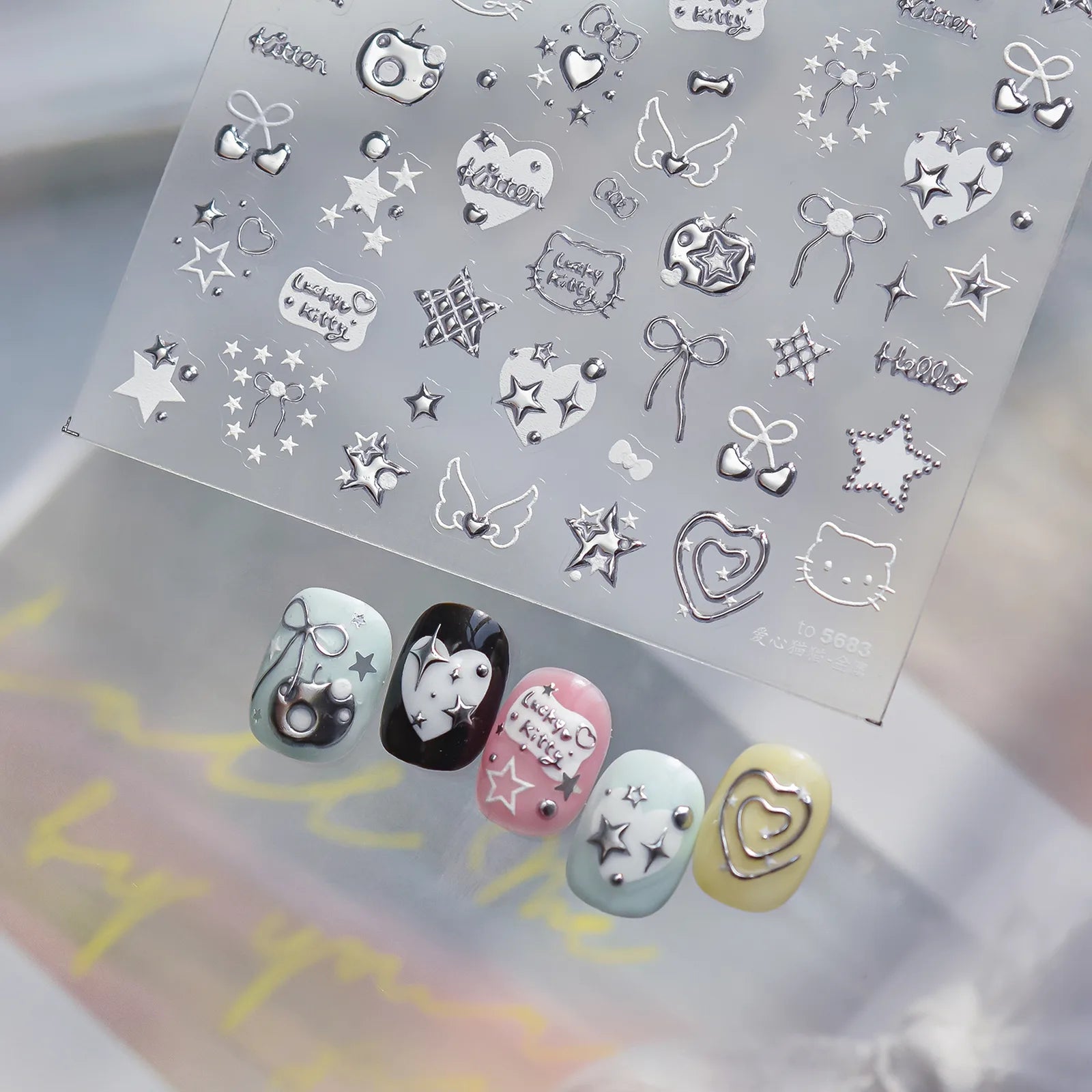 Embossed Cat Nail Stickers | Heart Star Nail Art Decals - image 1