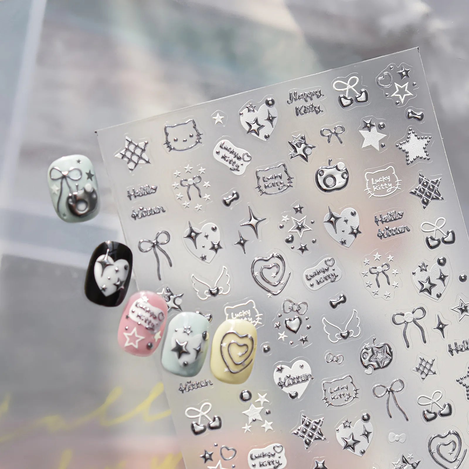 Embossed Cat Nail Stickers | Heart Star Nail Art Decals - image 3