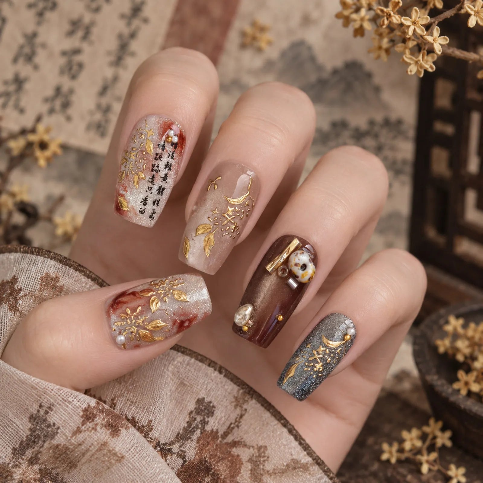 Gold Botanical Nail Stickers | Metallic Floral Nail Art Decals - image 3