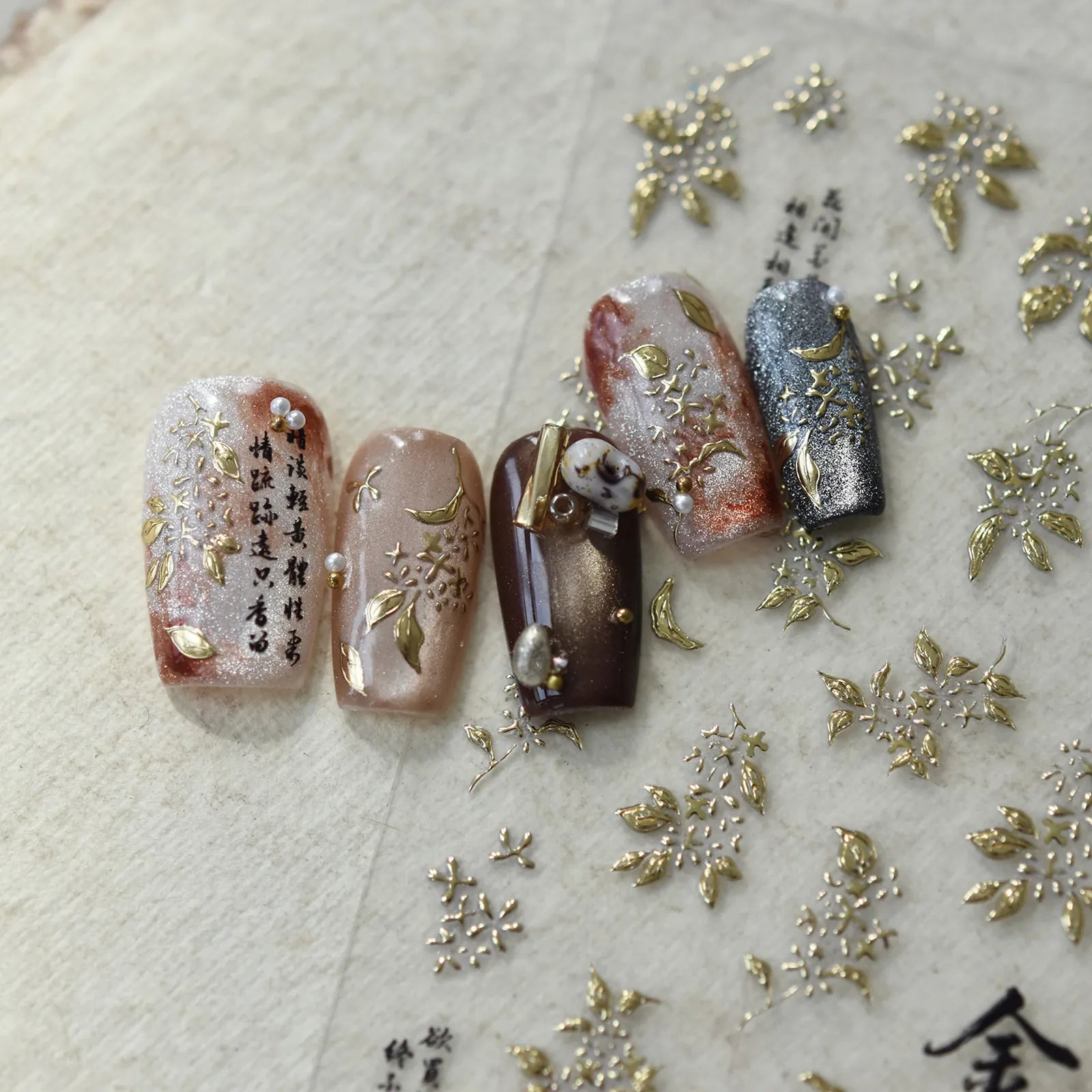 Gold Botanical Nail Stickers | Metallic Floral Nail Art Decals - image 4