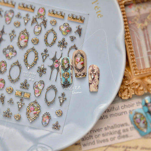 Gold And Silver Frame Nail Stickers, Gold Flower Frame Nail Stickers, Gold Nail Decals, Gold Nail Art, Manicure Sticker, MS822