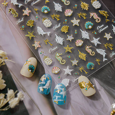 Summer Shells Nail Stickers, Gold Summer Nail Stickers, Beach Nail Decals, Summer Nail Deign, Sea Star Nail Decals, Ocean Nail Decals