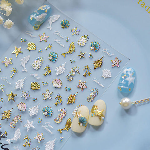Summer Shells Nail Stickers, Gold Summer Nail Stickers, Beach Nail Decals, Summer Nail Deign, Sea Star Nail Decals, Ocean Nail Decals