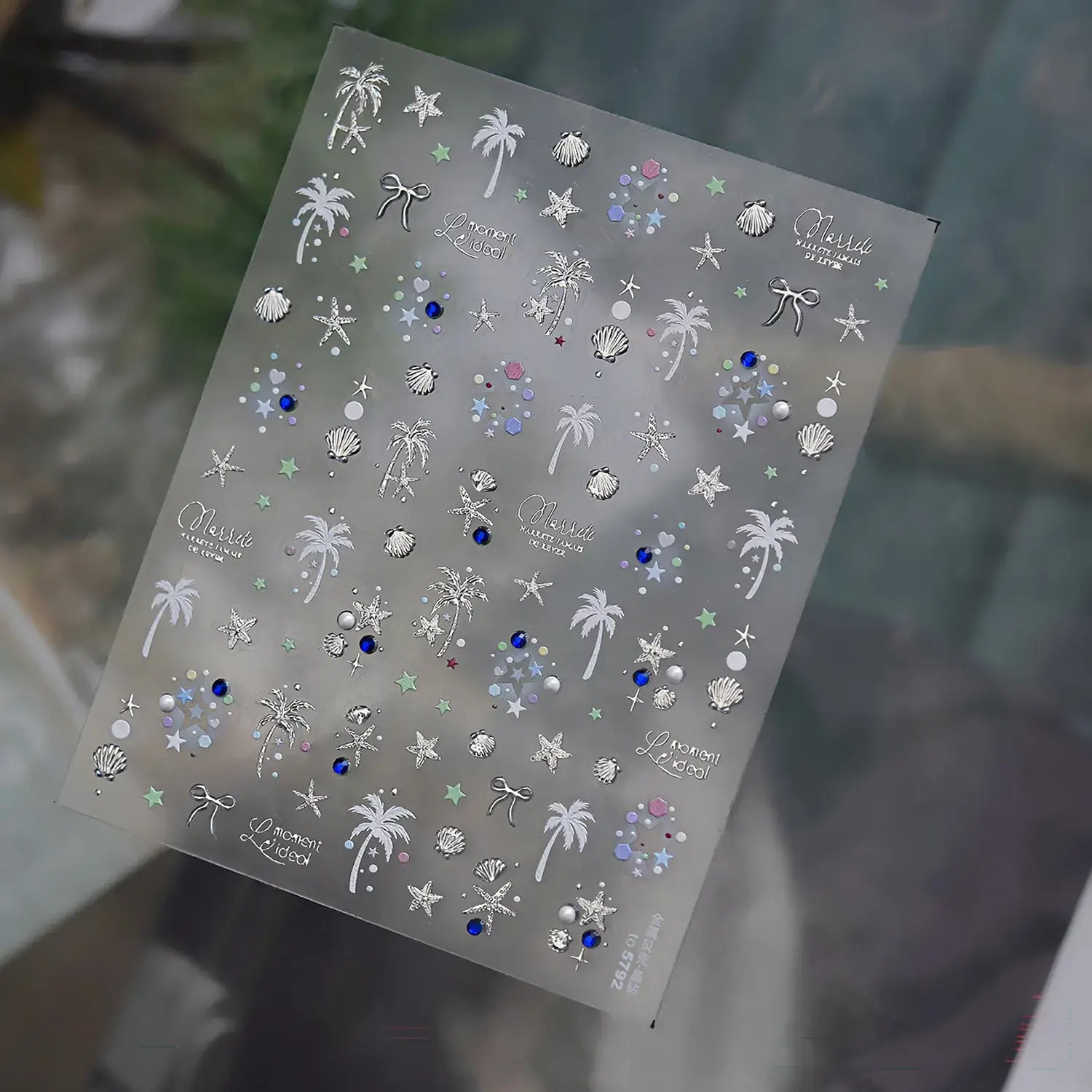 silver tropical palm tree nail decals detail
