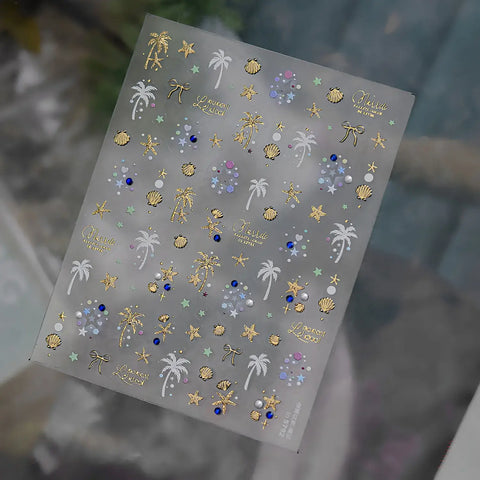 Gold tropical palm tree nail decals detail