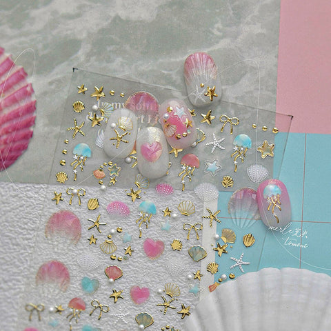 Gold/Silver Shell Nail Stickers, Gold/Silver Nail Decals, Starfish Nail Stickers, Summer Ocean Nail Stickers, Summer Nail Art, Manicure